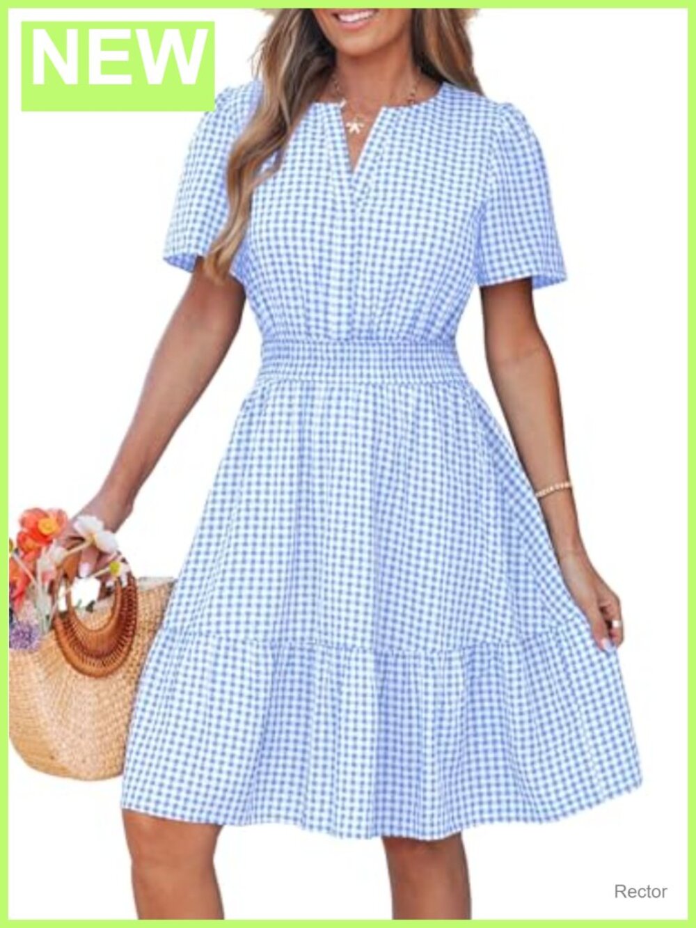 Women's Casual A-line Mini Dress V-Neck Short Sleeve Smocked Waist Ruffle
